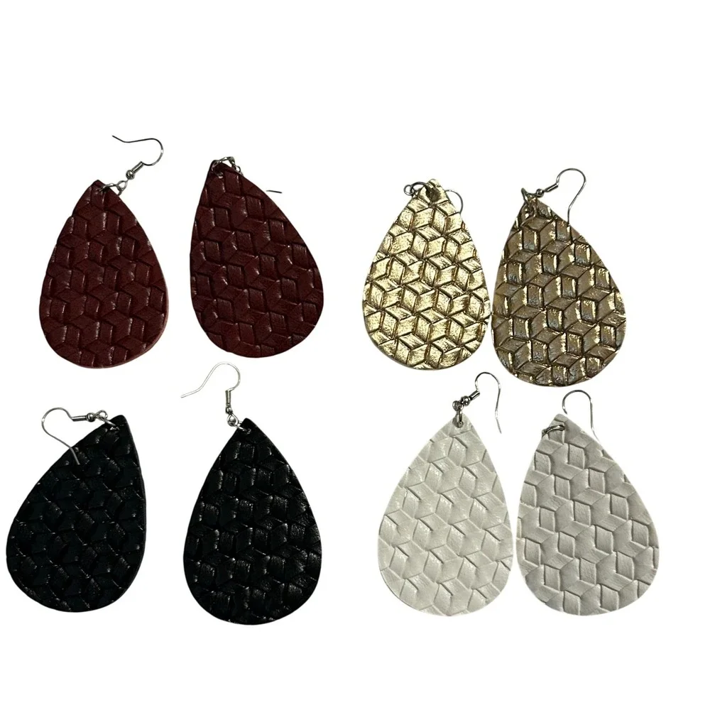 Teardrop Faux Leather Weave Pattern Earrings Set 4 Colors